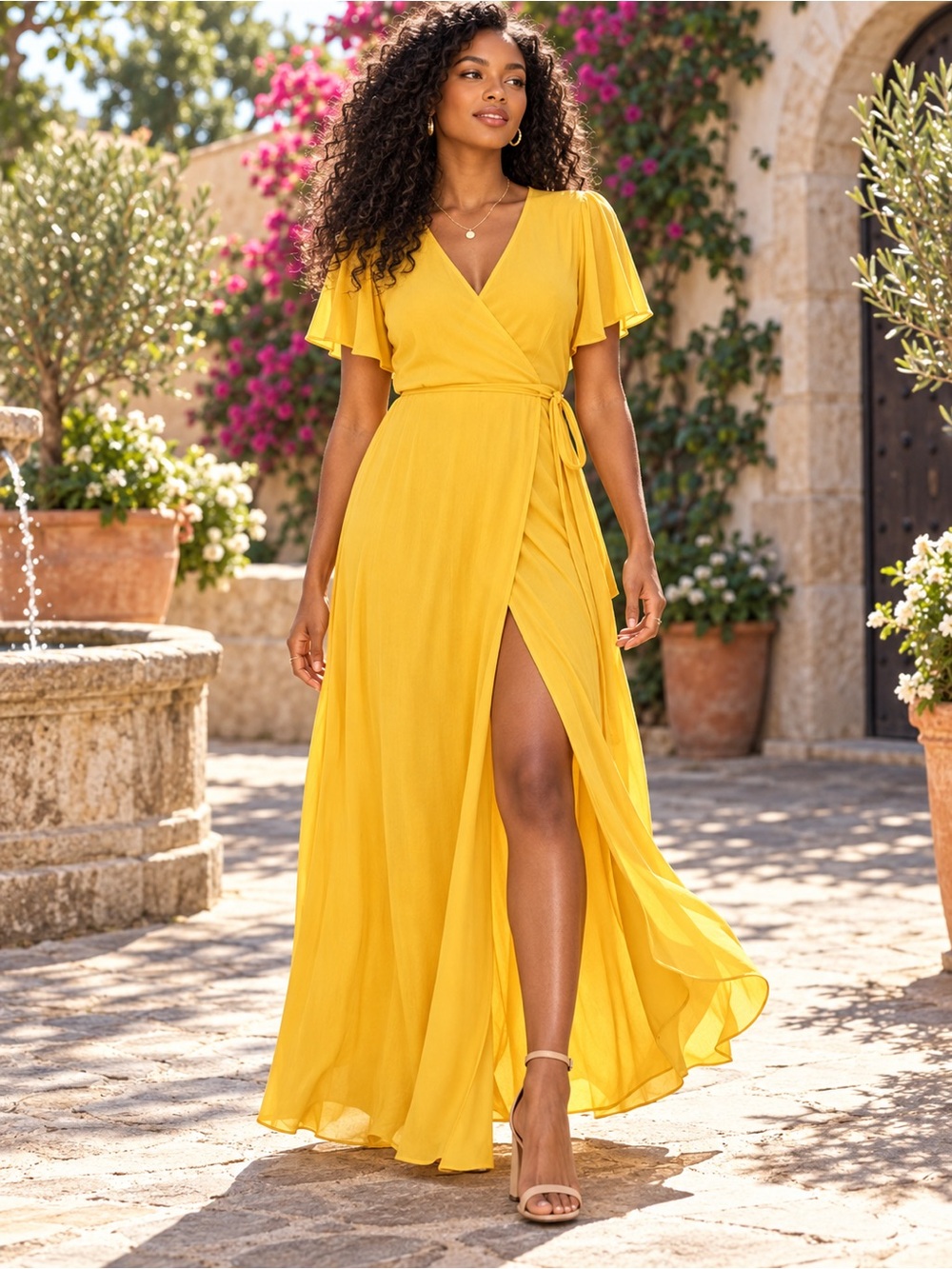 LULUS Much Obliged Golden Yellow Wrap Maxi Dress Flutter Sleeve Wedding Guest